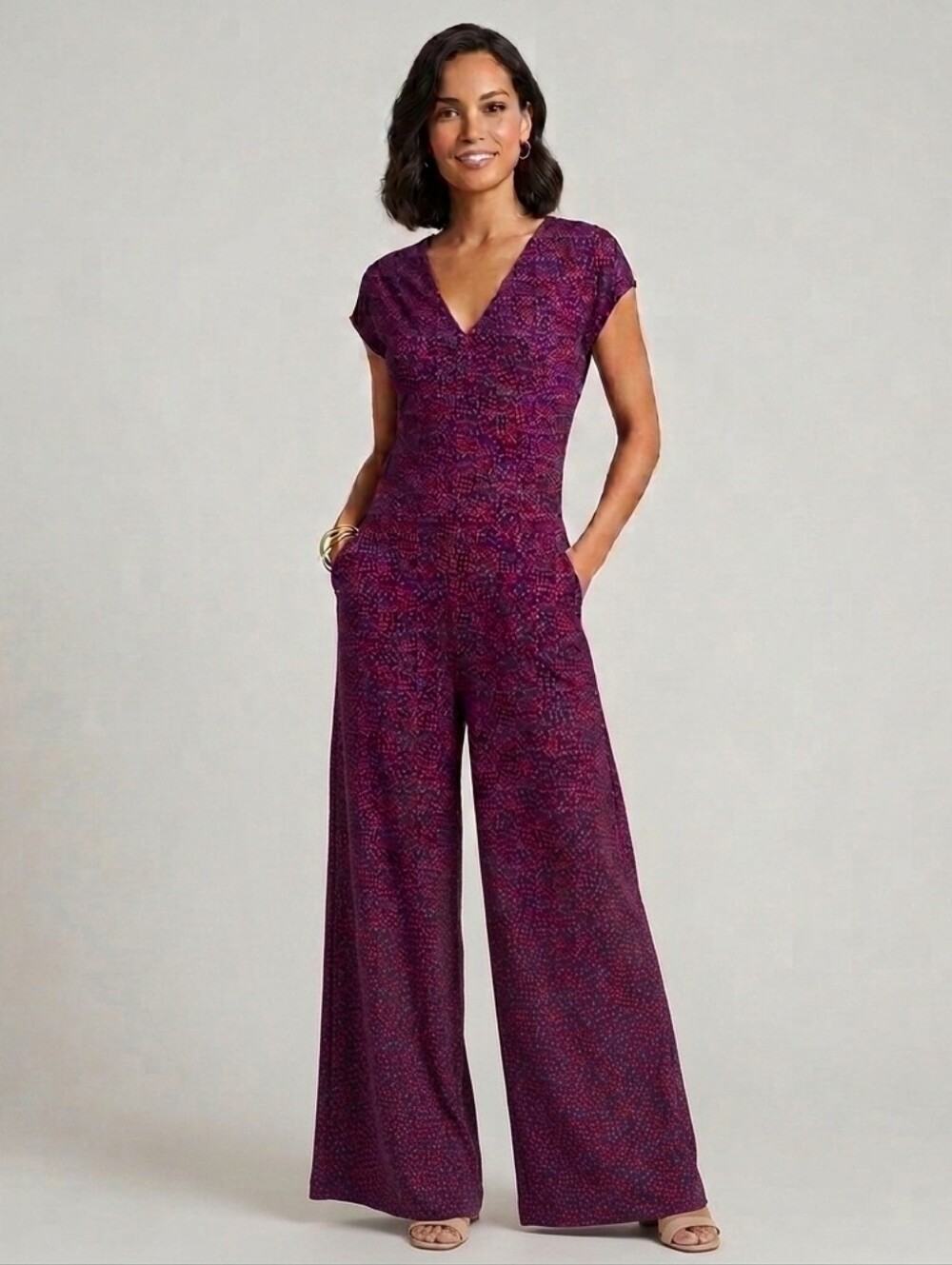 🦋 Amazon Essentials Blue  V-Neck Wide-Leg Jumpsuit with Red Dot Pattern